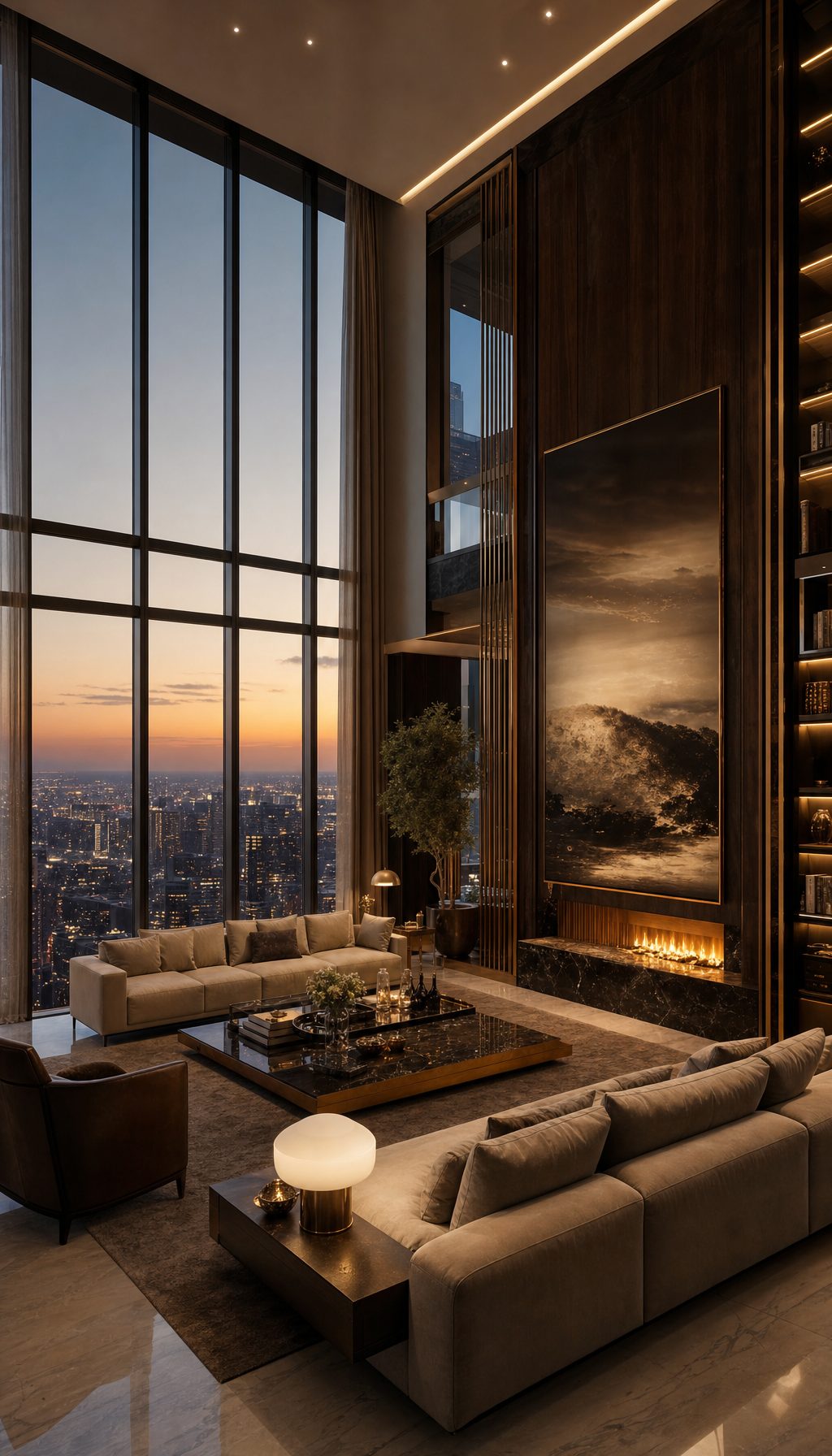 Phòng khách penthouse sang trọng với cửa kính toàn cảnh nhìn ra thành phố lúc hoàng hôn